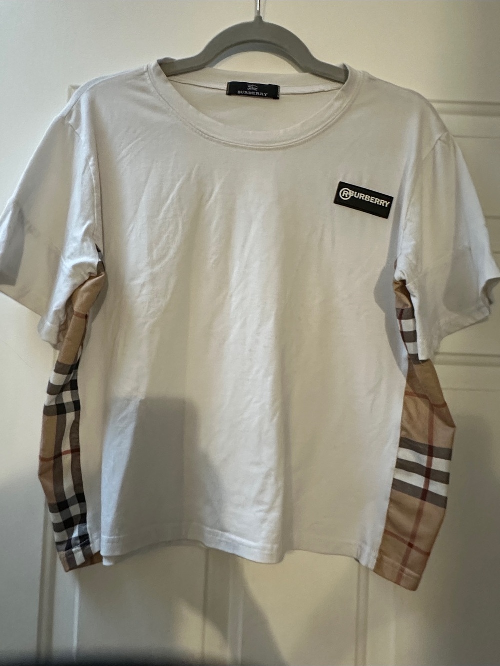 Burberry White Tee with Beige Check Side Panels